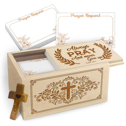 Netecom Personalized Wooden Prayer Box with Scripture Design, Maple Wood Faith Keepsake with 100 Prayer Request Cards & Handheld Cross, Christian Gift for Daily Prayer