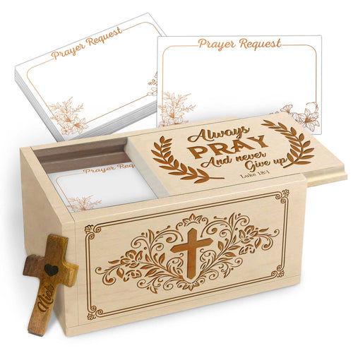 Netecom Personalized Wooden Prayer Box with Scripture Design, Maple Wood Faith Keepsake with 100 Prayer Request Cards & Handheld Cross, Christian Gift for Daily Prayer