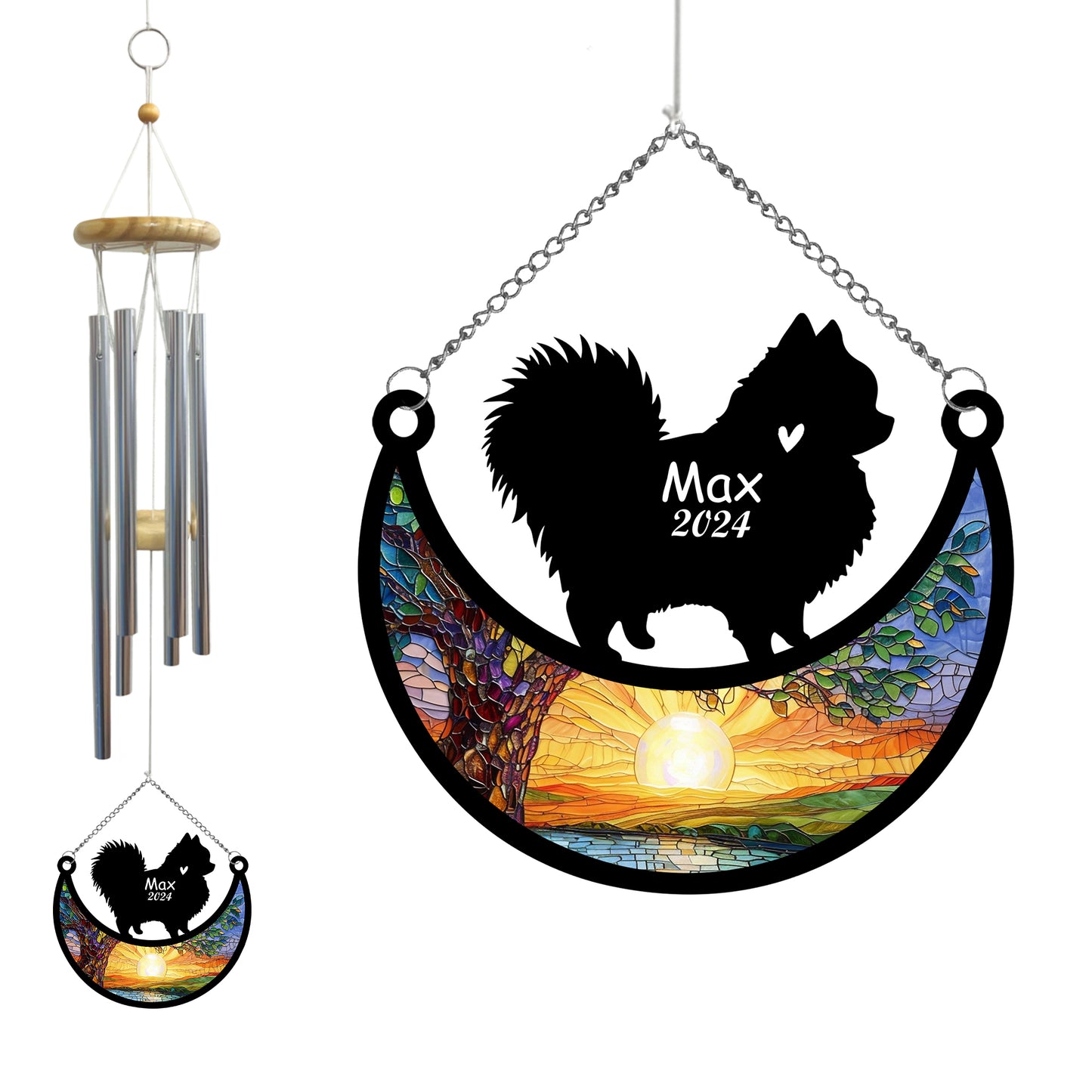 Netecom Pomeranian Memorial Suncatcher Wind Chimes, Personalized Pet Loss Ornament, Dog Bereavement Gift for Home or Garden
