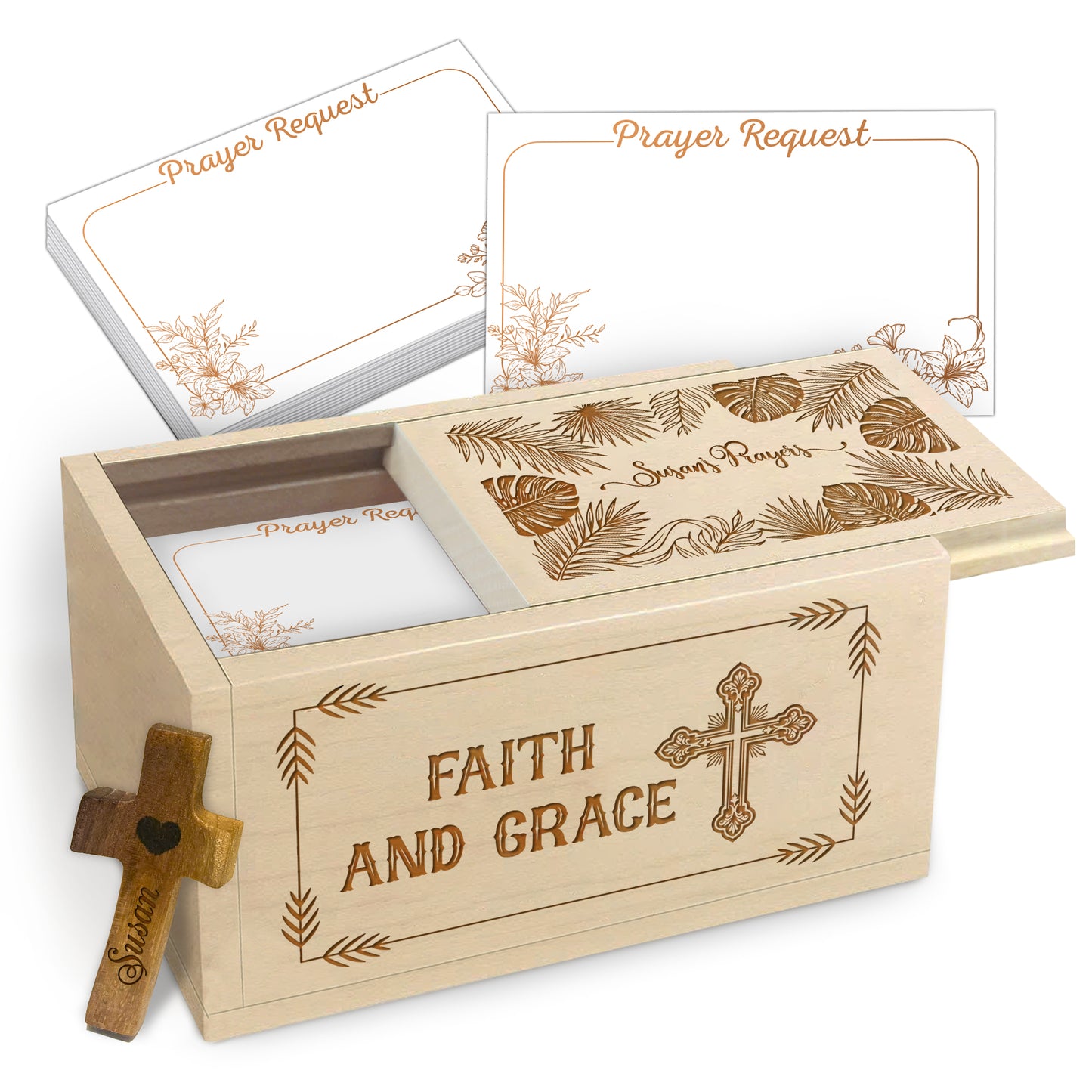 Netecom Personalized Wooden Prayer Box with Faith and Grace Design, 100 Prayer Request Cards & Handheld Cross – Christian Keepsake for Daily Prayer
