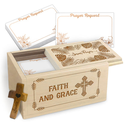 Netecom Personalized Wooden Prayer Box with Faith and Grace Design, 100 Prayer Request Cards & Handheld Cross – Christian Keepsake for Daily Prayer