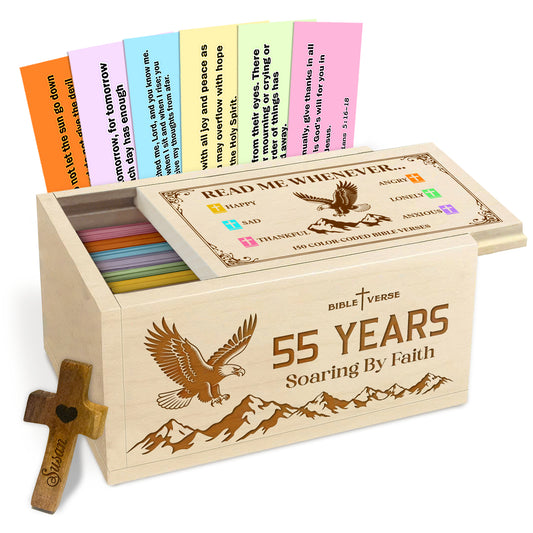 Netecom Personalized Bible Verse Box for 55 Years Birthday, Custom Name & Age, Engraved Wood Scripture Box with Pocket Cross, 150 Daily Bible Verse Cards, Christian Birthday Gift
