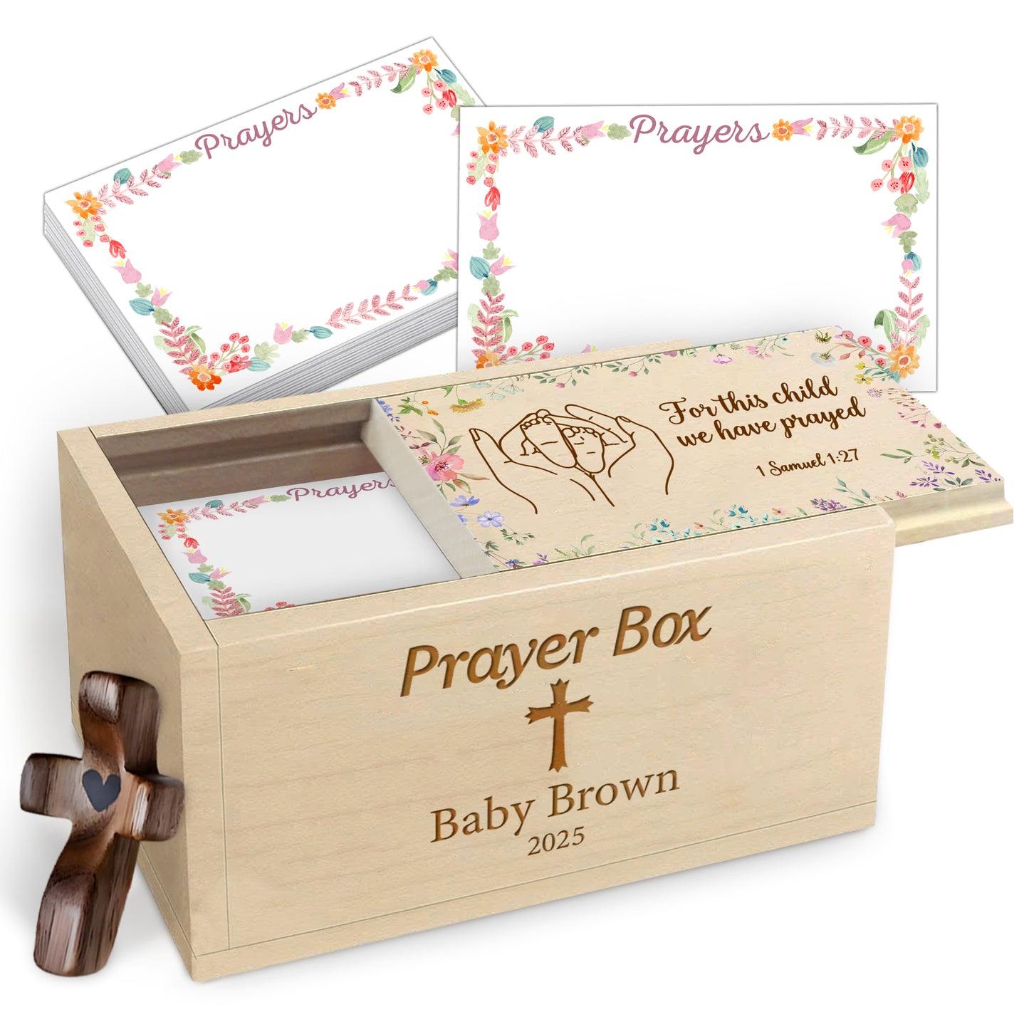 Netecom Personalized Baby Prayer Box with 100 Prayer Request Cards & Handheld Cross – Custom Baby Name & Birth Year, Wooden Christian Gift for Parents