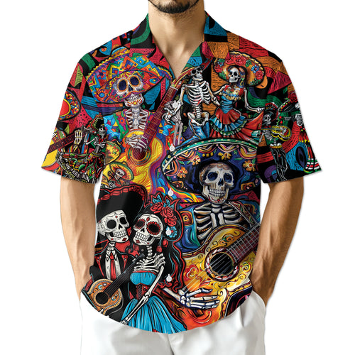 Netecom Day of the Dead Skeleton Hawaiian Shirt, Colorful Mexican Calavera Button Down Summer Beach Short Sleeve Shirts