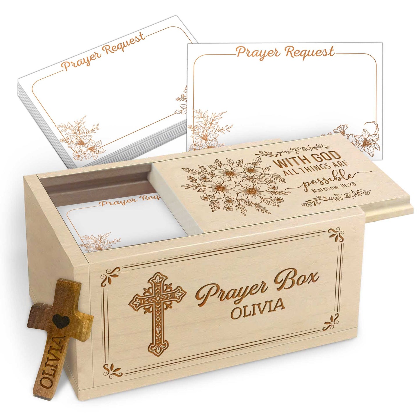 Netecom Personalized Wooden Prayer Box with Custom Name Engraved on Box and Cross, Christian Faith Prayer Box with 100 Prayer Cards, Meaningful Religious Gift for Daily Prayer & Spiritual Reflection