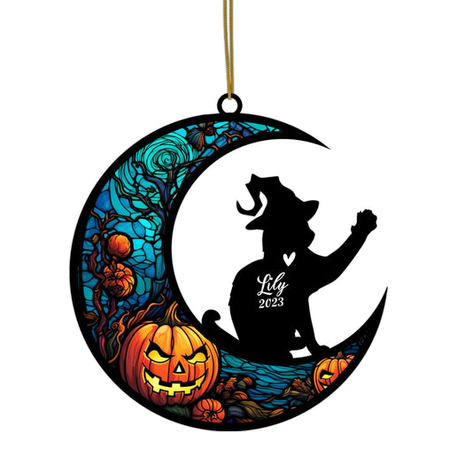 Netecom Personalized Halloween Siamese Cat Suncatcher - Memorial Gift for Loss of Cat, Custom Siamese Lovers Ornament for Window or Wall Hanging, Spooky Sympathy Gift