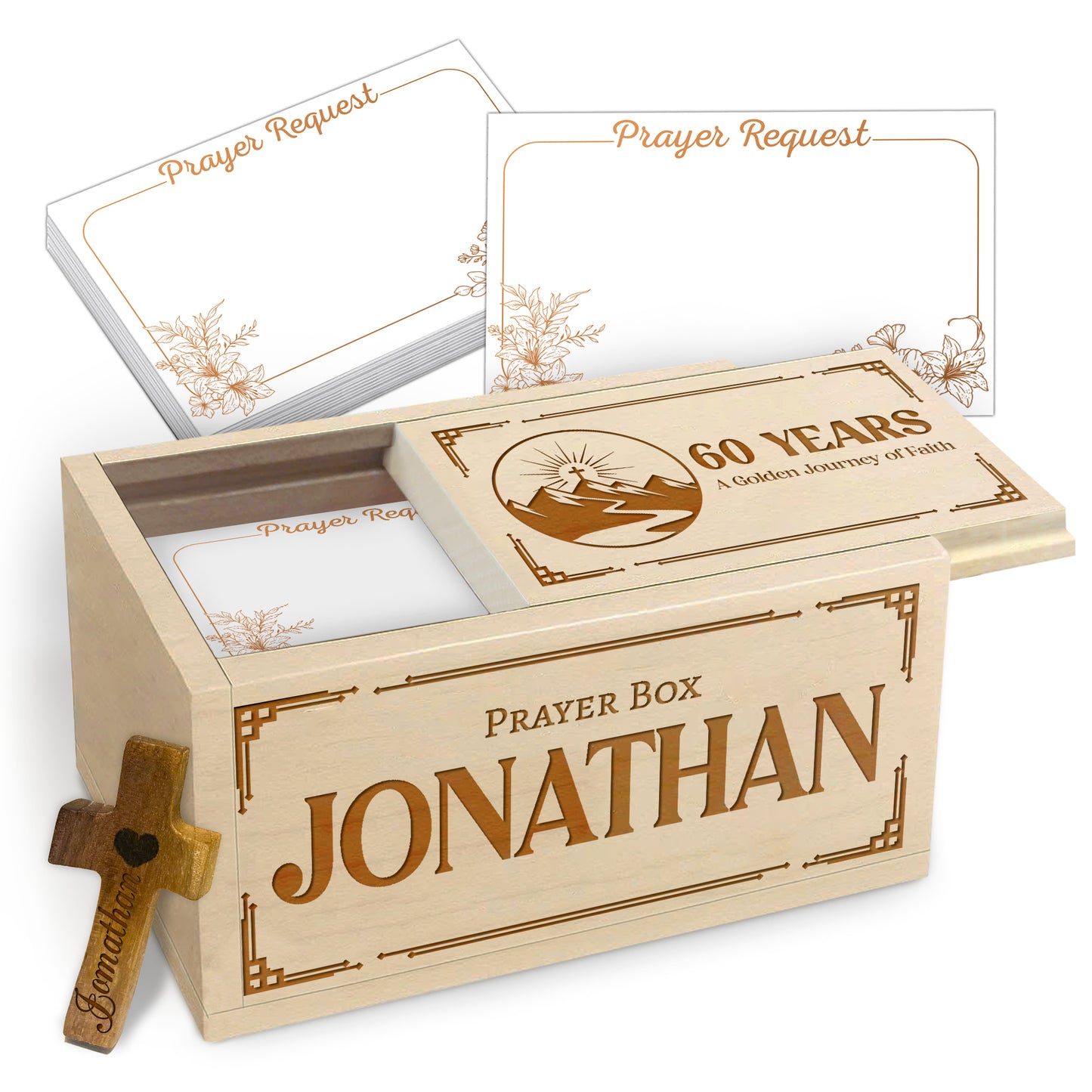 Netecom Personalized Birthday Prayer Box 60 Years with Custom Name, Christian Faith Gift with Wooden Cross & 100 Prayer Request Cards, Meaningful 60th Birthday Gift