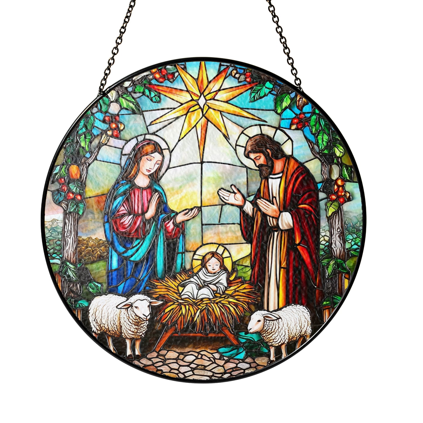 Netecom The Holy Family Stained Glass Suncatcher, Nativity Scene Christmas Window Hanging, Religious Home Decor, Spiritual Gift for Faith and Celebration
