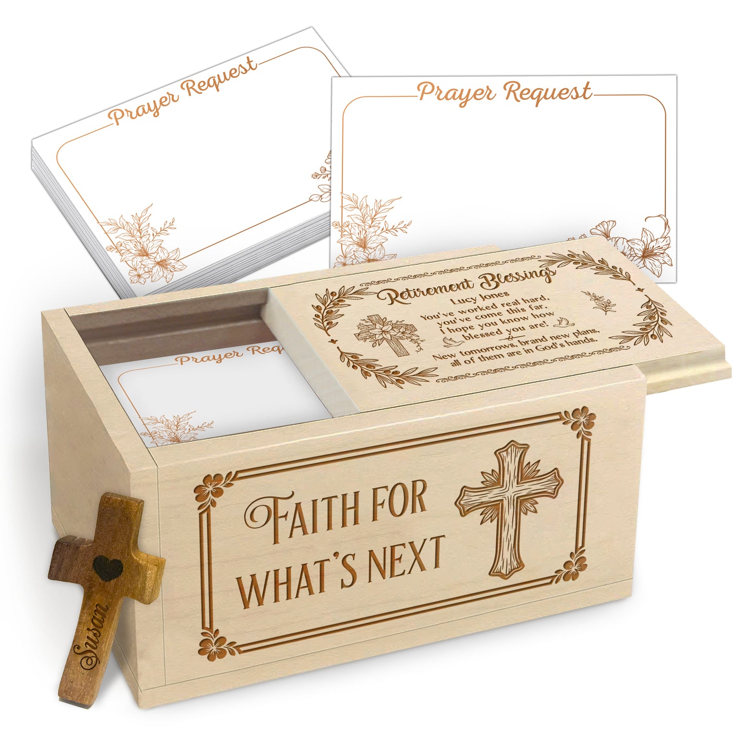 Netecom Christian Prayer Box for Retirement with Custom Name on Cross, Wooden Faith Keepsake with 100 Prayer Request Cards