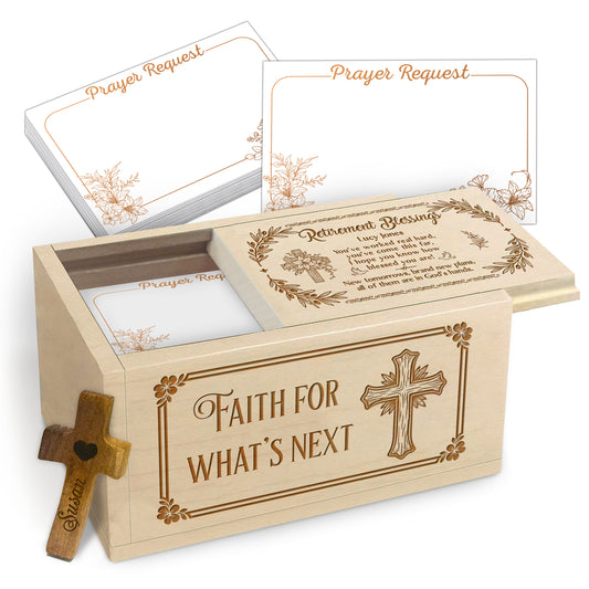 Netecom Christian Prayer Box for Retirement with Custom Name on Cross, Wooden Faith Keepsake with 100 Prayer Request Cards