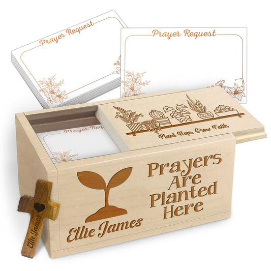 Netecom Personalized Wooden Prayer Box with Custom Name & Handheld Cross, Prayers Are Planted Here Faith Keepsake with Prayer Request Cards