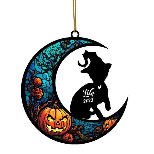 Netecom Personalized Halloween Devon Rex Cat Suncatcher - Custom Cat Ornament with Name, Devon Rex Cat with Witch Hat Halloween Decoration for Window, Garden, or Car
