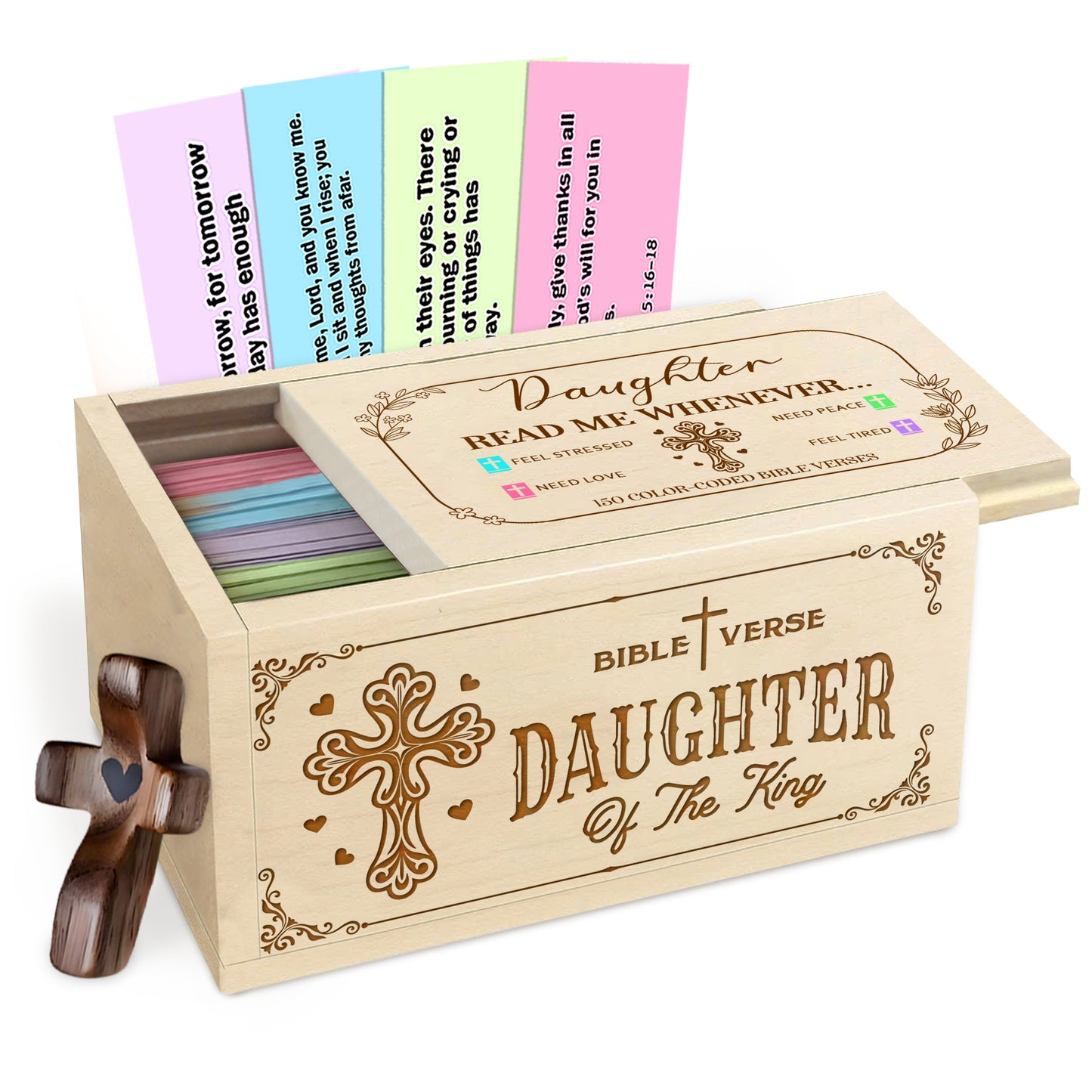 Netecom Bible Verses Box for Daughter with Prayer Cross, 150 Upgrade Bible Verse Cards Box Set for Emotions and Feelings, 4 Emotional Themes, Graduation Gift for Daughter, Encouragement & Love
