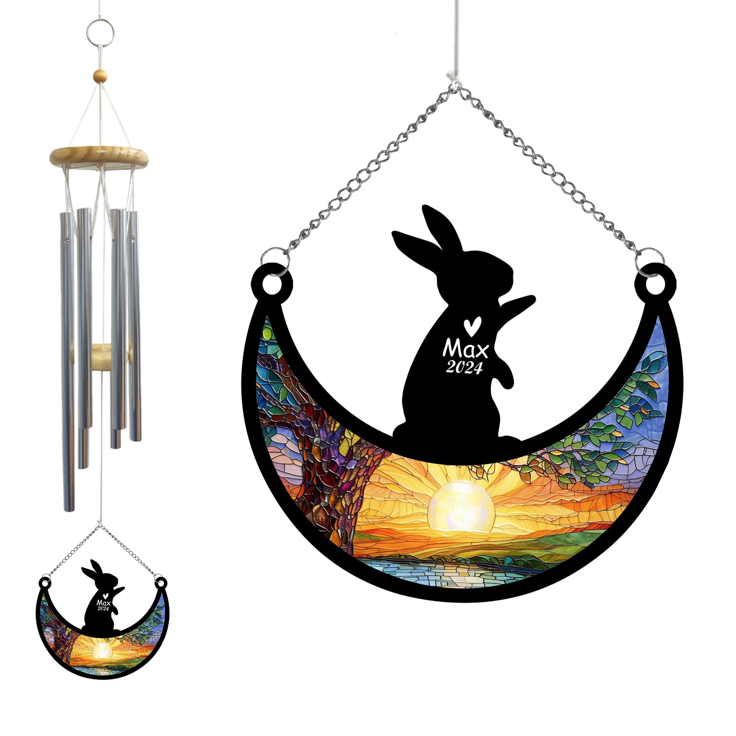 Netecom Rabbit Memorial Wind Chimes and Suncatcher, Personalized Pet Loss Sympathy Gift, Bereavement Decor for Bunny Lovers