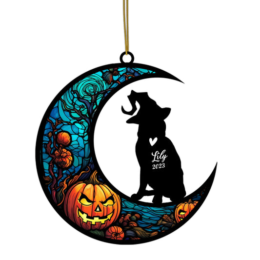 Netecom Personalized Halloween Russian Blue Cat Suncatcher - Custom Cat Ornament with Name, Russian Blue Cat with Witch Hat Halloween Decoration for Window or Garden