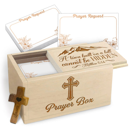 Netecom Custom Wooden Prayer Box with Scripture Design, 100 Prayer Request Cards & Personalized Name Cross – Christian Religious Gift for Faith, Prayer & Reflection