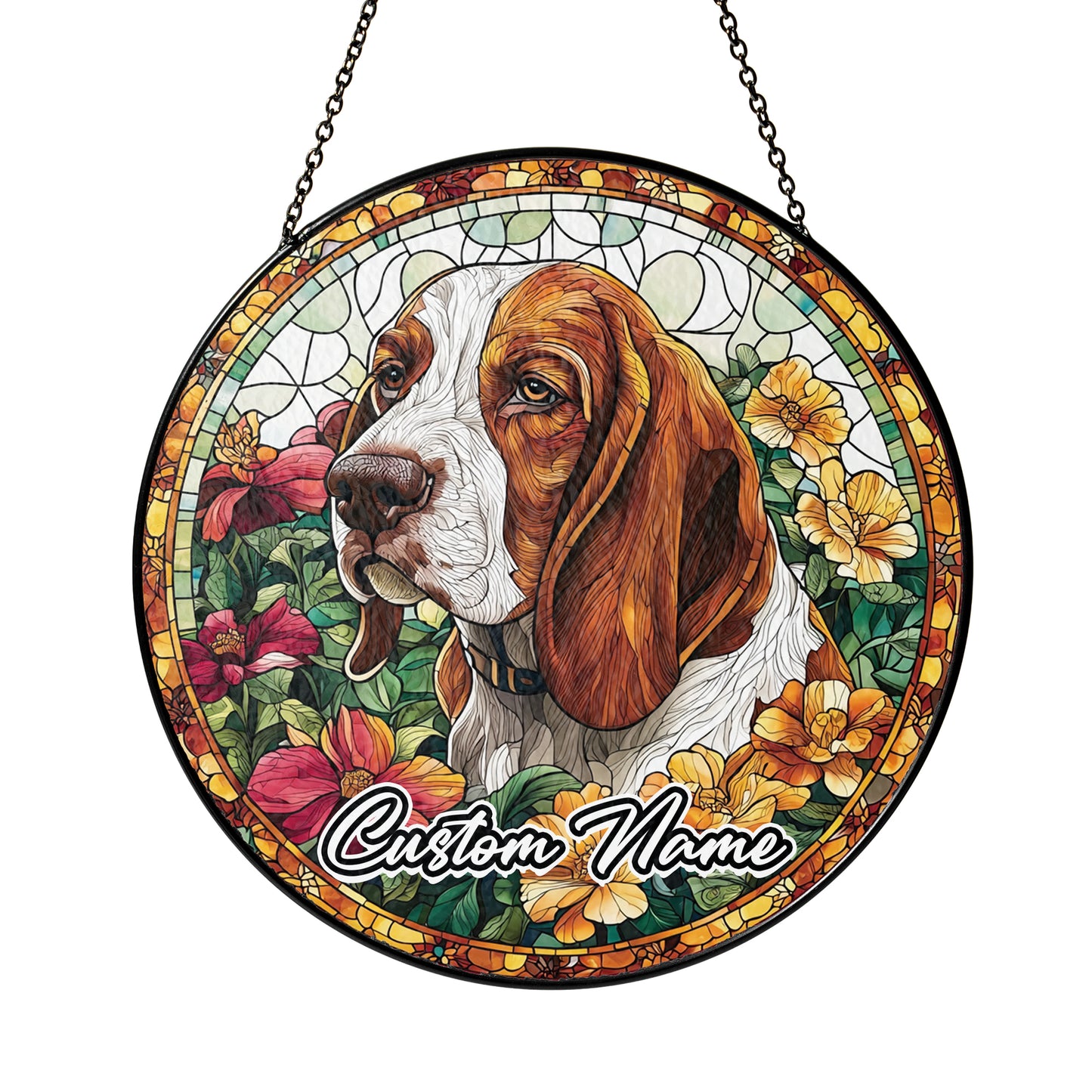 Netecom Custom Basset Hound Dog Stained Glass Ornament, Personalized Memorial Suncatcher, Pet Loss Sympathy Gift, Christmas Decoration