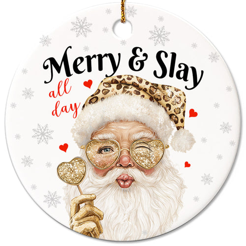 Netecom Merry & Slay All Day Ornament, Funny Leopard Print Santa Ceramic Ornament for Xmas Tree Hanging Decorations Gift, Funny Gag Gifts for Men Women, Home Decor, Holiday Party Present