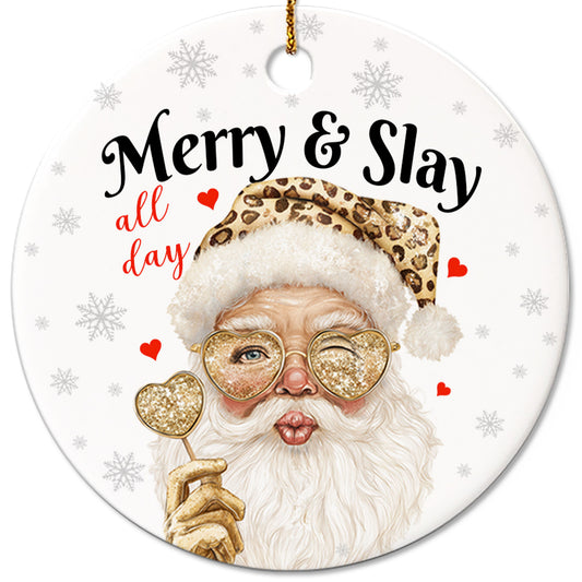 Netecom Merry & Slay All Day Ornament, Funny Leopard Print Santa Ceramic Ornament for Xmas Tree Hanging Decorations Gift, Funny Gag Gifts for Men Women, Home Decor, Holiday Party Present