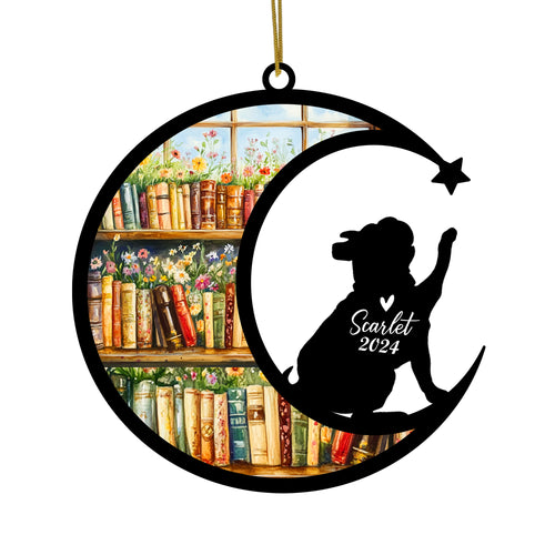 Netecom Personalized Bulldog Suncatcher for Windows Hanging, Custom Dog Sun Catcher Ornament with Name Date, Unique Gifts for Book Lovers, Reader Teacher Librarian Bookworm