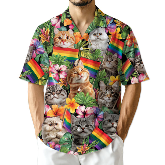 Netecom LGBT Pride Cat Hawaiian Shirt for Women, Cat Lover Gifts, Rainbow Flag Floral Button Down Summer Beach Shirts
