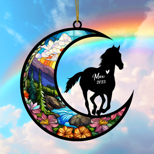 Netecom Personalized Horse Memorial Suncatcher, Horseback Riding Equestrian Sun Catcher, Custom Horse Name Sign Hanging Christmas Ornament, Bereavement Horse Loss Gift Housewarming Horse Lover Gift