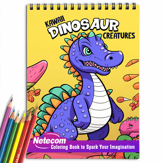 Kawaii Dinosaur Creatures Spiral Bound Coloring Book For Kids, Join the Fun with 30 Festive Coloring Pages, Featuring Kawaii Dinosaur Creatures Celebrating in a Playful and Colorful Atmosphere