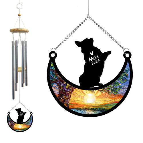 Netecom Personalized Corgi Dog Memorial Wind Chimes with Moon Suncatcher, Pet Loss Sympathy Gift, Remembrance Ornament for Dog Lovers, Outdoor Garden Decor