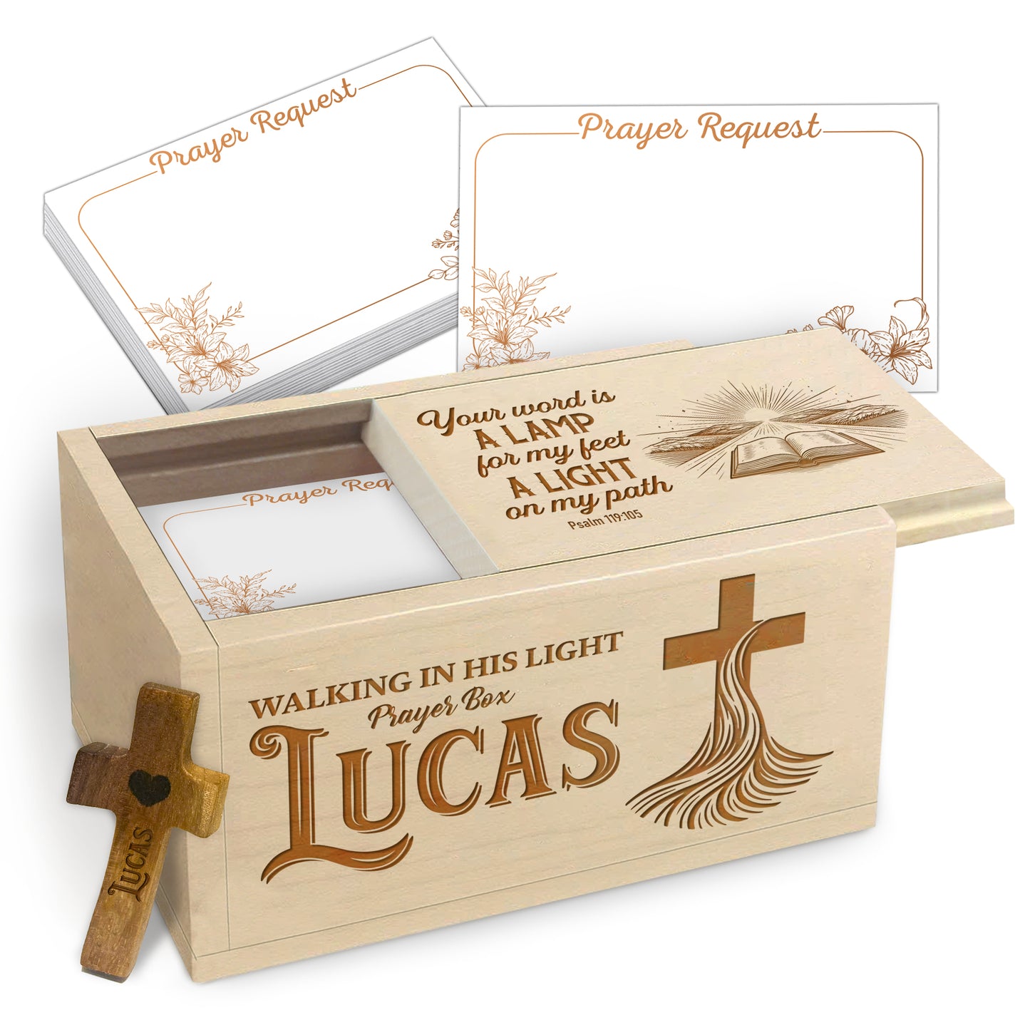 Netecom Personalized Wooden Prayer Box with Custom Names on Box & Cross, 100 Prayer Request Cards, Christian Faith Keepsake for Daily Prayer, Reflection, and Spiritual Encouragement