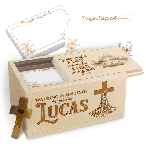 Netecom Personalized Wooden Prayer Box with Custom Names on Box & Cross, 100 Prayer Request Cards, Christian Faith Keepsake for Daily Prayer, Reflection, and Spiritual Encouragement