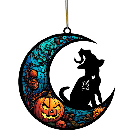 Netecom Personalized Halloween American Shorthair Cat Suncatcher - Custom Cat Ornament with Name, American Shorthair Cat with Witch Hat Halloween Decoration for Window or Garden