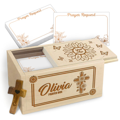 Netecom Personalized Mom Prayer Box with Custom Names on Box and Wooden Cross, 100 Prayer Request Cards, Christian Faith Keepsake Gift for Daily Devotion and Reflection