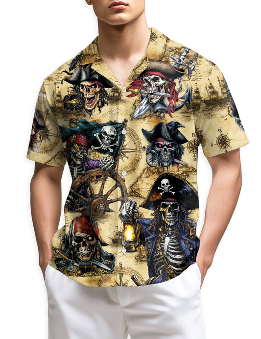 Netecom Pirate Skull Treasure Hawaiian Shirt for Men, Mysterious Pirate Button Down Summer Beach Short Sleeve Shirts