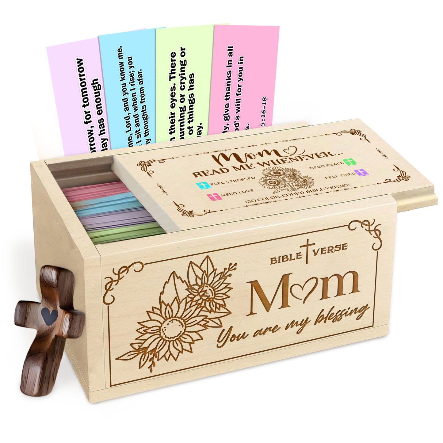 Netecom Bible Verses Box for Mom with Prayer Cross, 150 Upgrade Bible Verse Cards Box Set for Emotions and Feelings, 4 Emotional Themes, Religious Gift for Mother, Encouragement & Love