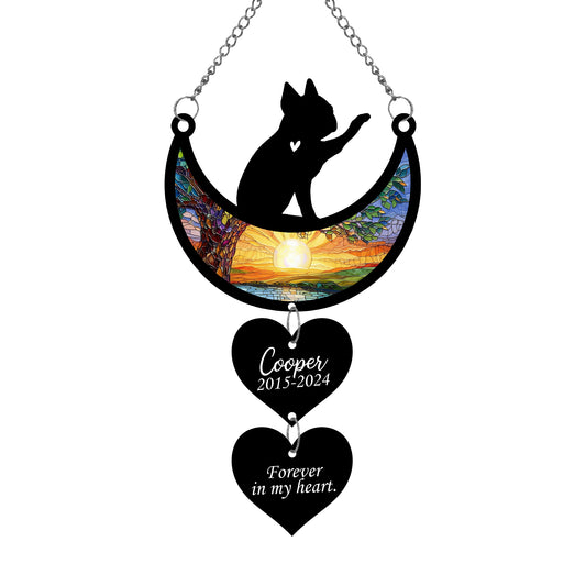 Netecom Personalized Boston Terrier Moon Heart Memorial Suncatcher, Custom Boston Terrier Ornament with Name Date, Dog Loss Sympathy Gift, Pet Remembrance Keepsake