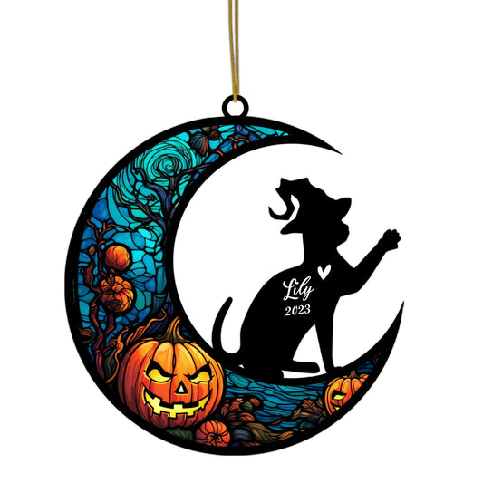 Netecom Personalized Halloween Bengal Cat Suncatcher - Memorial Gift for Loss of Cat, Custom Bengal Lovers Ornament for Window or Wall Hanging, Spooky Sympathy Gift