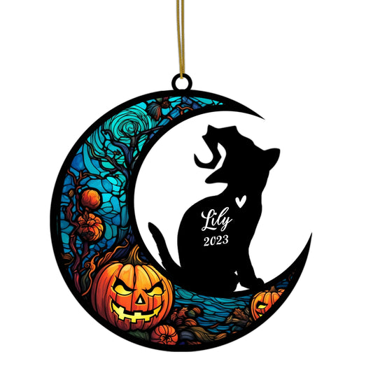 Netecom Personalized Halloween Scottish Fold Cat Suncatcher - Memorial Gift for Loss of Cat, Custom Scottish Fold Lovers Ornament for Window or Wall Hanging, Spooky Sympathy Gift