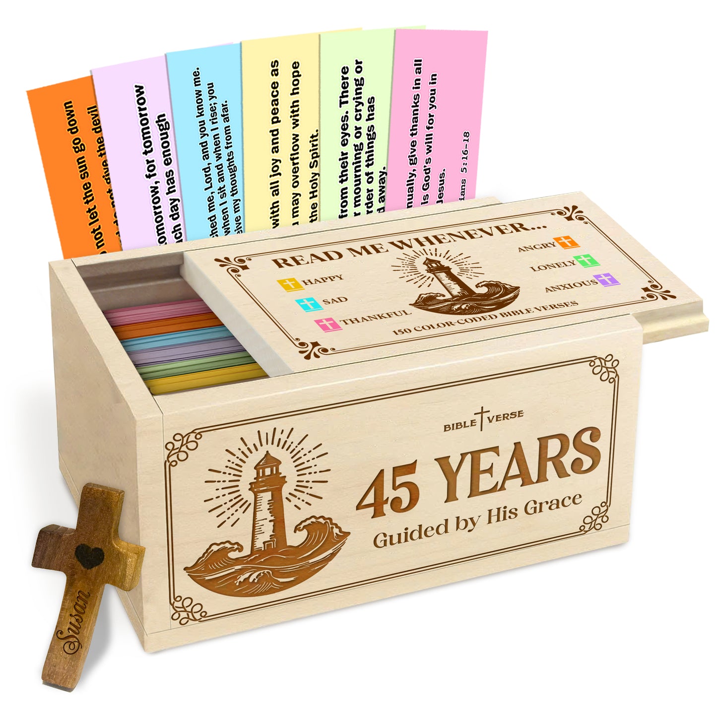 Netecom Personalized Bible Verse Box for 45 Years Birthday, Custom Name & Age, Engraved Wood Scripture Box with Pocket Cross, 150 Daily Bible Verse Cards, Christian Birthday Gift
