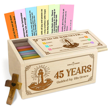 Netecom Personalized Bible Verse Box for 45 Years Birthday, Custom Name & Age, Engraved Wood Scripture Box with Pocket Cross, 150 Daily Bible Verse Cards, Christian Birthday Gift