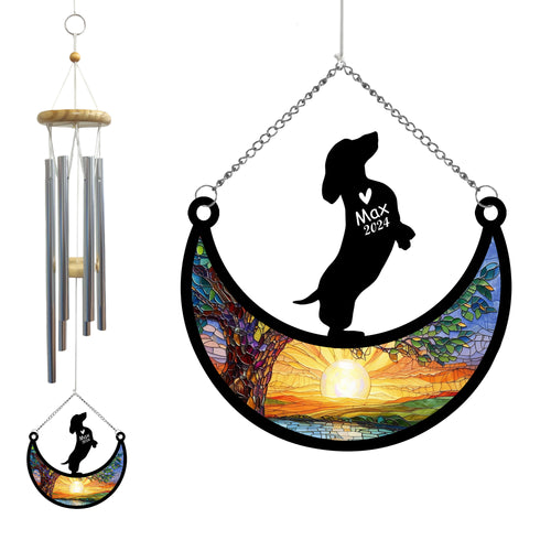 Netecom Personalized Dachshund Dog Memorial Wind Chimes with Suncatcher, Pet Loss Remembrance Gift for Wiener Dog Lovers, Outdoor Garden Sympathy Decor