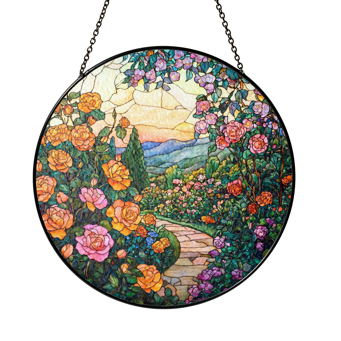 Netecom Rose Garden Stained Glass Ornament – Custom Floral Sun Catcher, Garden Path Decoration and Gift