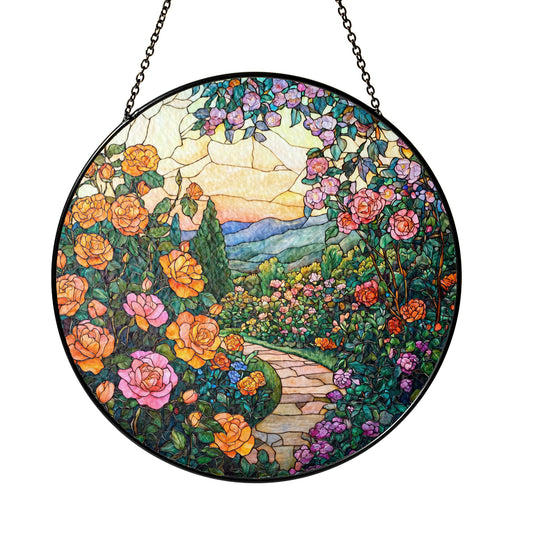 Netecom Rose Garden Stained Glass Ornament – Custom Floral Sun Catcher, Garden Path Decoration and Gift