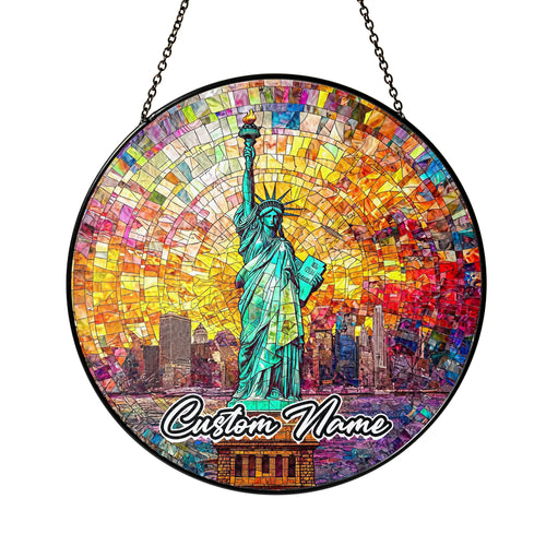 Netecom Personalized America Stained Glass Sun Catcher – Statue of Liberty Ornament, Patriotic Home & Office Décor Gift