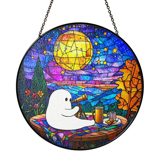 Netecom Stained Glass Ghost Stargazing Suncatcher , Cute Ghost Under Moonlight Window Decor , Unique Halloween Gift for Astronomy Lovers