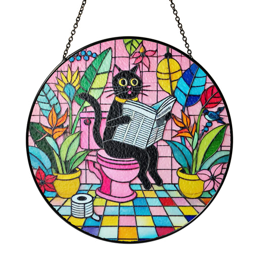 Netecom Black Cat on Toilet Stained Glass Suncatcher, Funny Bathroom Window Hanging, Colorful Home Decor, Christmas and Housewarming Gift for Cat Lovers