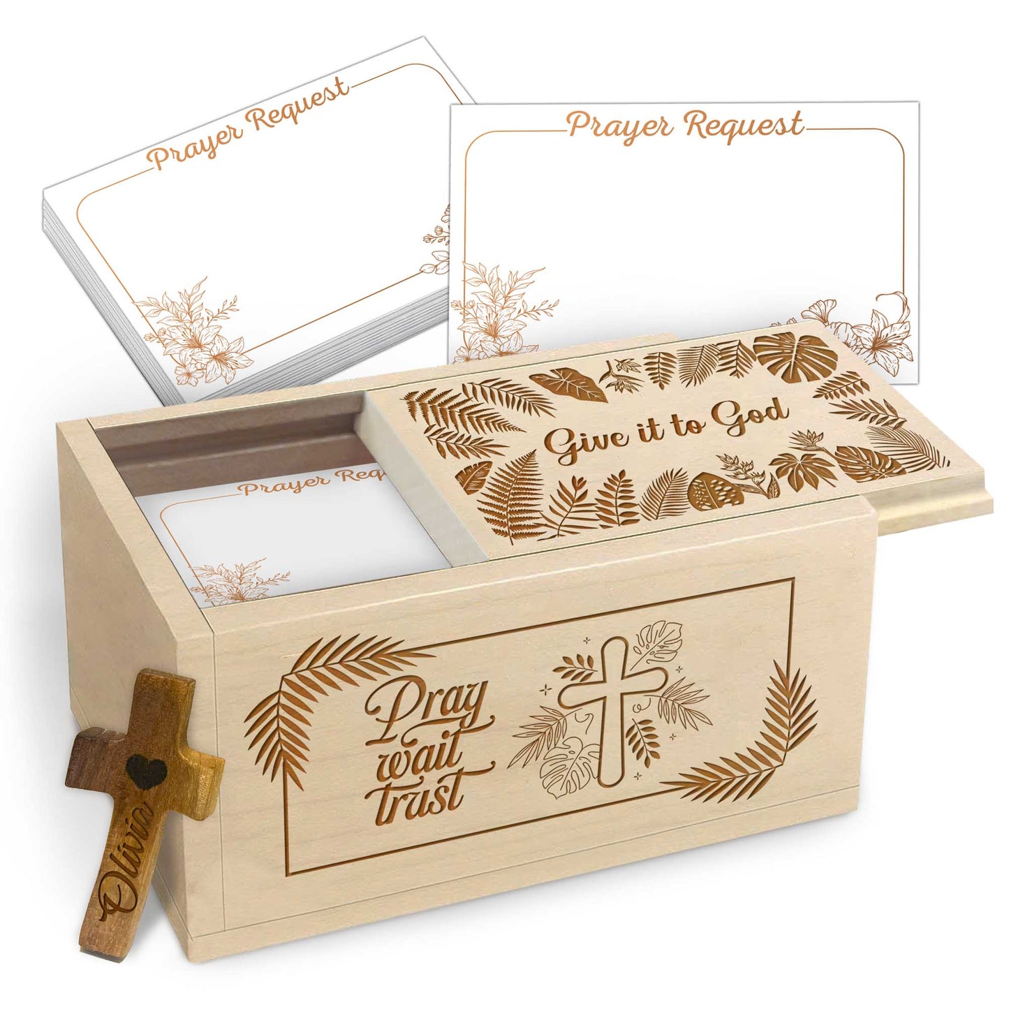 Netecom Personalized Prayer Box with Custom Name Handheld Cross, Wooden Faith Box with Prayer Request Cards