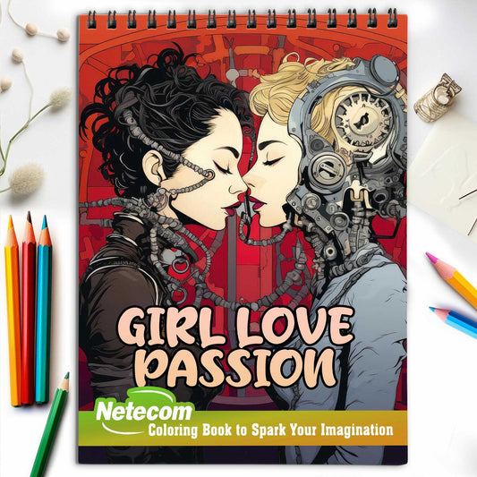 Girl Love Passion Spiral Bound Coloring Book, Celebrate the Fiery Romance of Lesbian Love Stories with 30 Captivating Coloring Scenes of Passionate Couples.