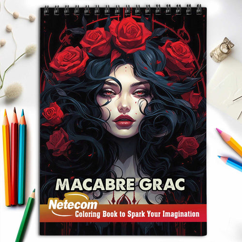 Netecom Macabre Grace Spiral Bound Coloring Book, 30 Coloring Pages of Elegant Shadows – Graceful Women in Flowing Gowns, Haunting Beauty, Mysterious Poses, and a Touch of Eerie Sophistication