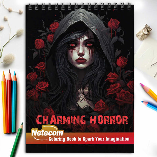 Charming Horror Spiral Bound Coloring Book, Delight in 30 Whimsical Coloring Pages of Charming Horror for Gothic Art Admirers to Embrace the Quirky Charm and Elegantly Creepy Vibes of Dark Fantasy Scenes