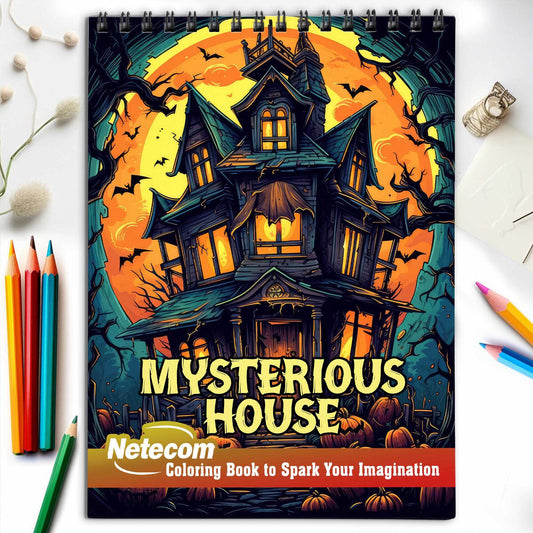 Mysterious House Spiral Bound Coloring Book, Unleash Your Imagination in a Suspenseful Setting with 30 Charming Pages of Enigmatic House Scenes.